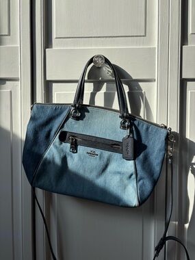 Coach Two-Tone Blue Denim Tote with Black Leather Trim